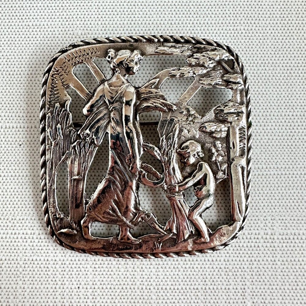 Art Nouveau Revival Sterling Silver Classical Figural Brooch, Allegorical Scene